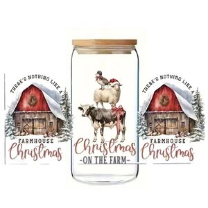 CHRISTMAS DECORATED Red Barns w/ Cows 16oz Glass Libbey cup